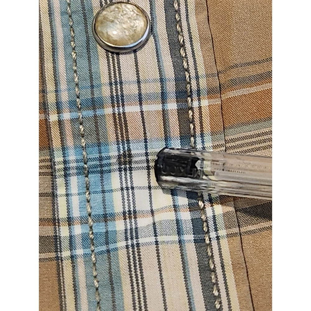 Hollister Mens Western Plaid Short Sleeve Pearl Snap Shirt Tan Blue Size M - Picture 6 of 6